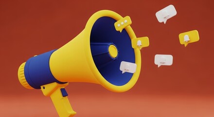 A 3D rendered megaphone broadcasting social media notification icons for digital marketing and communication.