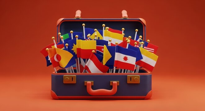 A blue suitcase packed with a diverse collection of world flags, symbolizing global travel and international community.