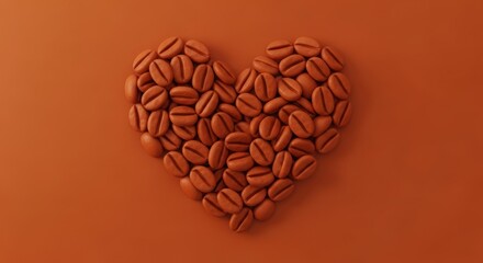 A heart shape made from roasted coffee beans on a solid brown background, symbolizing a love for coffee.