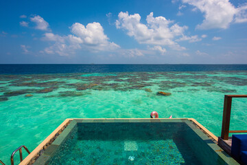Summer vacation, holiday amazing nature. Relax paradise, Maldives. Tropical island beach landscape exotic shore coast. Tranquil closeup calm sea water waves with palm trees. Beautiful Panorama. 