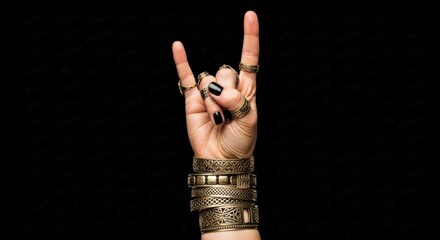 Woman Hand Gesturing Rock On With Gold Jewelry And Black Nails Against Starry Night Background