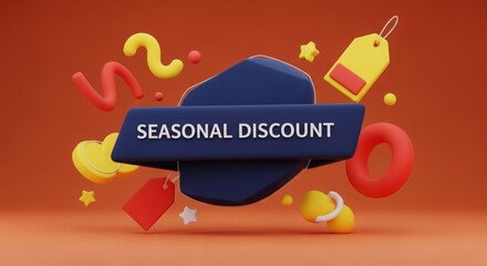 Vibrant 3D rendering for a seasonal discount promotion with price tags and colorful elements on an orange background.