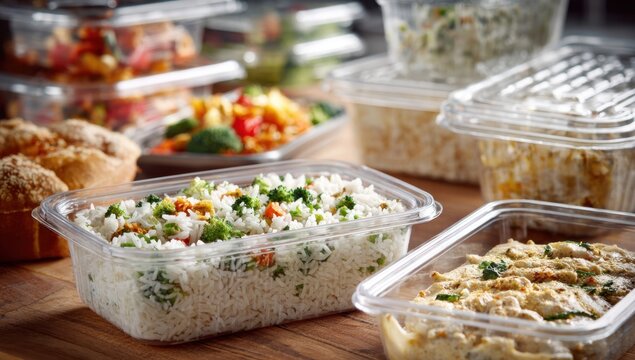 A close-up shot showcases various containers filled with prepared meals, offering a glimpse into convenient and healthy food options for busy lifestyles and easy meal prepping.