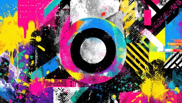 Abstract artwork features a vibrant explosion of colors and shapes, creating a dynamic and visually stimulating composition that captures attention with its bold and energetic style.