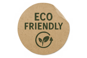 Eco friendly sticker with recycling symbol and fresh leaves, promoting green living and sustainable products on transparent background