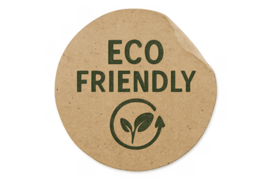 Eco friendly sticker with recycling symbol and fresh leaves, promoting green living and sustainable products on transparent background - Powered by Adobe