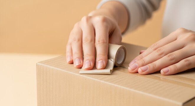 Close up of person's hands carefully sealing cardboard box with adhesive tape before moving or shipping preparation, organization, and careful packing process at home or workplace - Powered by Adobe