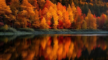 Experience stunning autumn colors reflected on a tranquil lake in a vibrant landscape