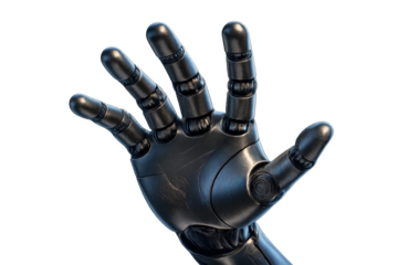 Futuristic metallic robotic hand reaching forward isolated on transparent background 3D