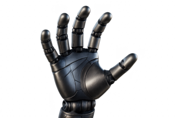 Futuristic metallic robotic hand reaching forward isolated on transparent background 3D