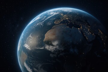 Rotating Earth from orbit with glowing cities night to day transition over star fields