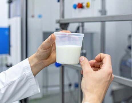 Scientist in lab coat carefully examines a sample of fresh milk for quality control and analysis in a modern laboratory setting