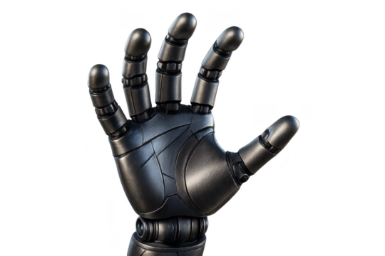 Futuristic metallic robotic hand reaching forward isolated on transparent background 3D - Powered by Adobe
