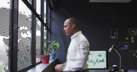 Businessman reviewing chart, straightening and tending pots while map overlay tracking data - Powered by Adobe