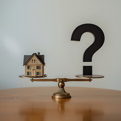Small model house on a balance scale beside a question mark on a brown surface represents uncertainty in real estate.