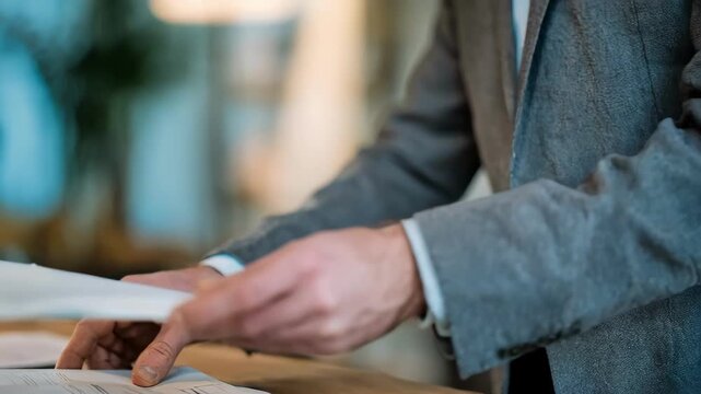 Medium shot of a professional reviewing bilingual duallanguage mailers on a desk emphasizing the importance of clear translation for broader audience engagement.