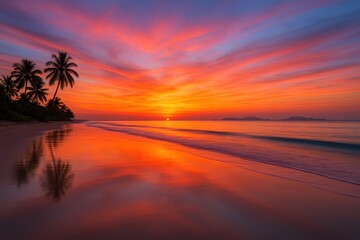 Tropical beach sunset glowing clouds mirrored on wet sand with distant island shapes