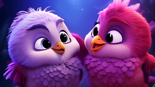 Adorable animation of couple baby bird showing various emotions from happy to content, conceptualizing love and friendship