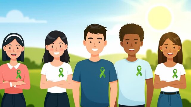 Diverse group of people standing together, supporting mental health awareness with green ribbons.