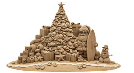 Christmas Sand Sculpture Scene with Santa Claus Gifts and Snowman on Beach Isolated Transparent Background