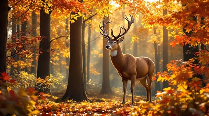 Stunning buck standing majestically in beautiful autumn forest with vibrant fall foliage