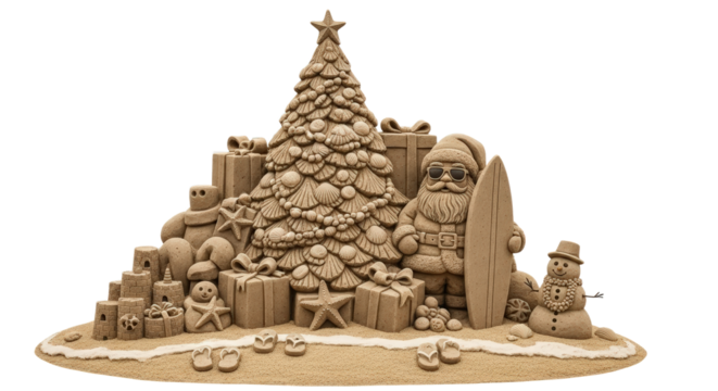 Christmas Sand Sculpture Scene with Santa Claus Gifts and Snowman on Beach Isolated Transparent Background