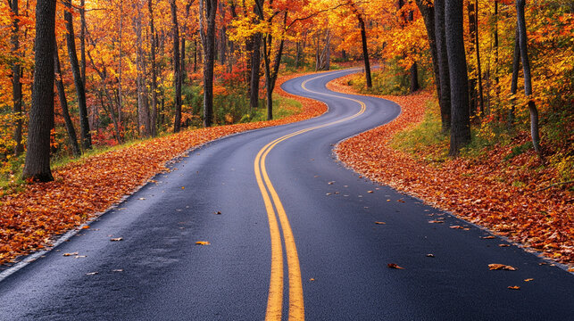 A winding road threads through vibrant fall foliage, capturing motion in stillness with warm autumn colors, serene atmosphere, and soft natural light.