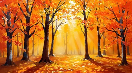 Vibrant autumn forest landscape with golden light streaming through colorful fall trees