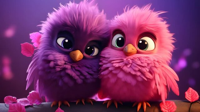 Purple and pink cartoon birds showing affection for each other on a branch with falling leaves. Animated bird couple on tree with petals.
