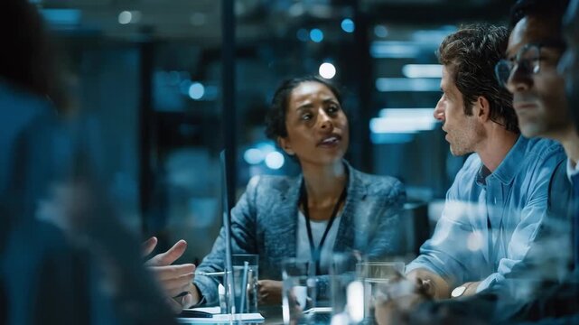 Medium shot of a team discussing synthetic identity alerts generated from advanced detection systems focusing on safeguarding transactions and customer trust.