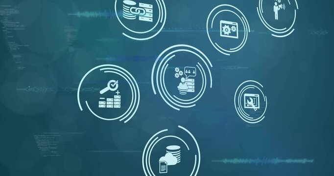 On start user-server icon pulsing rings rotating view pulling back emblems drifting showing network