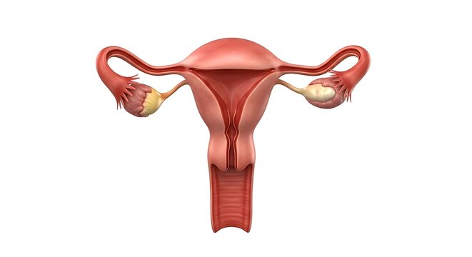 Anatomical illustration of the female reproductive system with uterus, ovaries, and fallopian tubes.