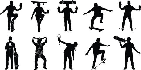 Silhouette skateboard poses, ice cream interaction, urban youth, fun activity, stylish motion, black figure art, playful concept, summer vibe © Irin Akter