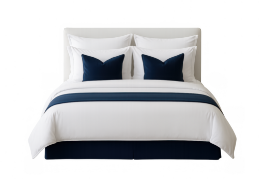 Modern bed adorned with crisp white sheets, accents of deep blue, and a sleek design set against a translucent backdrop
