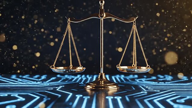 Golden scales of justice balancing on a glowing digital circuit board background