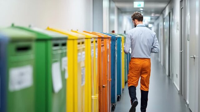 Medium shot of a technician examining sorted waste bins in a school hallway analyzing recycling and trash output for sustainability improvements.