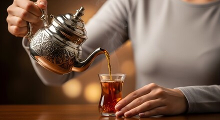 Close-up of Hands Pouring Tea from a Silver Teapot, Steaming Hot Tea Served in a Traditional Glass, Middle Eastern Tea Ritual