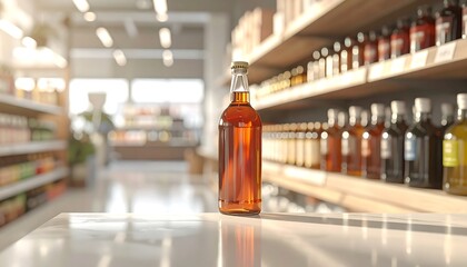 Bottle of amber liquid on a supermarket shelf.