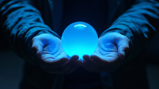 A small glowing orb held in hands in a dark room symbolizes energy protection and mystery representing focus inner light and the human connection to wonder and imagination - Powered by Adobe