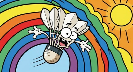 Happy Badminton Shuttlecock Flying Through Rainbow Sky.