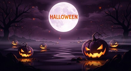 Fototapeta premium Spooky Halloween scene featuring glowing jack-o'-lanterns under a full moon.