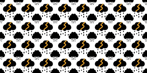 Black storm clouds with yellow lightning and raindrops on a black background