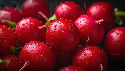 Close up Macro shot of fresh red radishes covered in water droplets with green stems against a dark background ideal for food photography and healthy eating concepts