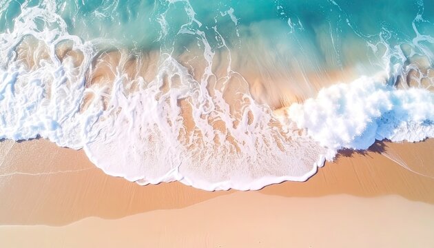 Aerial view of a tropical sandbar with small huts and crystal clear turquoise shallow waters under bright midday sun creating a serene coastal landscape - Powered by Adobe