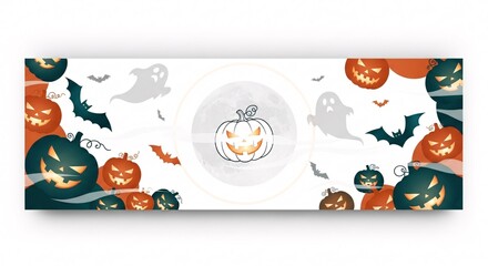 Fototapeta premium Halloween-themed banner design featuring pumpkins, ghosts, and bats, centered on a full moon.