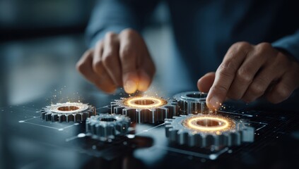 A person interacts with a futuristic digital interface featuring glowing gears and holographic elements in a high-tech environment.