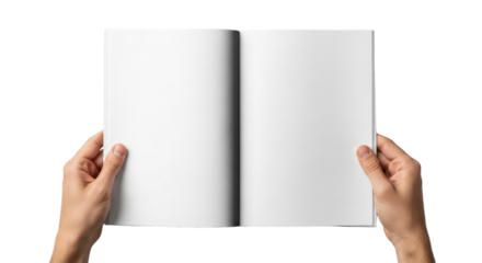 Hands Holding Open Blank White Book Isolated Transparent Background