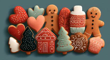 Christmas gingerbread cookie set in flat style. Holiday cookies swap. Xmas festive gingerbread. Traditional seasonal composition with homemade pastry master class
