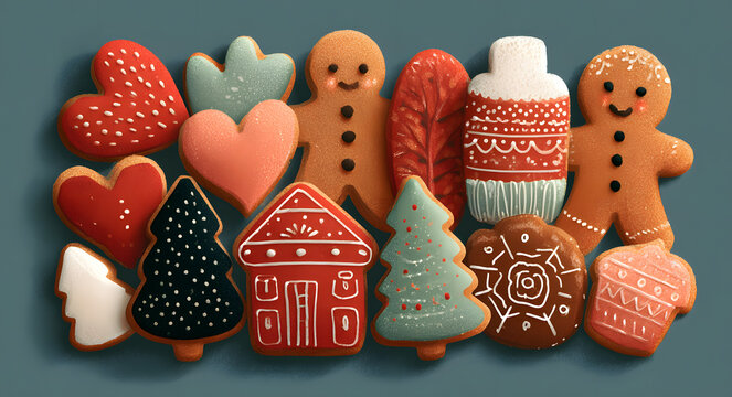 Christmas gingerbread cookie set in flat style. Holiday cookies swap. Xmas festive gingerbread. Traditional seasonal composition with homemade pastry master class