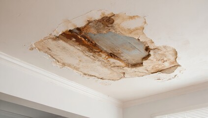 A damaged ceiling with peeling paint and water stain indicating potential leak or structural issue in a building interior.